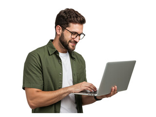 Young man wearing glasses and casual clothing working on a laptop computer isolated on transparent background