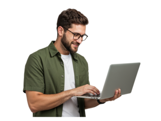 Young man wearing glasses and casual clothing working on a laptop computer isolated on transparent background