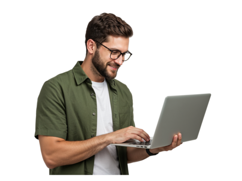 Young man wearing glasses and casual clothing working on a laptop computer isolated on transparent background