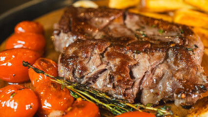 Extreme close up of a perfectly cooked medium rare ribeye steak, glistening and juicy, accompanied by crispy homemade fries and fresh thyme on a rustic wooden board. Ideal for food blogs and advertisi