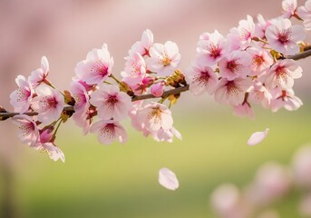 Delicate pink cherry blossom branch with falling petals springtime nature
