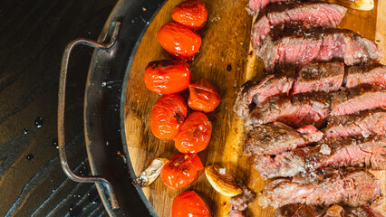 Juicy sliced medium rare ribeye steak served on a wooden board with roasted garlic, fresh thyme,...