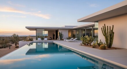 Fototapeta premium Desert home with swimming pool and modern architecture at sunset
