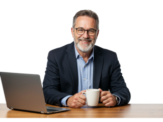 Smiling mature businessman with glasses holding a coffee mug at his desk with a laptop isolated on transparent background