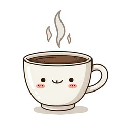 A cute kawaii coffee cup with a happy smiling face and rising steam.