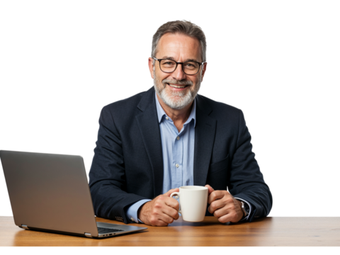 Smiling mature businessman with glasses holding a coffee mug at his desk with a laptop isolated on transparent background