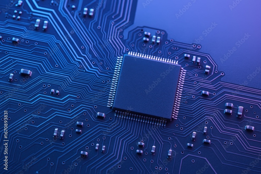 Poster macro shot of microchip on a blue circuit board representing high technology and modern computing
