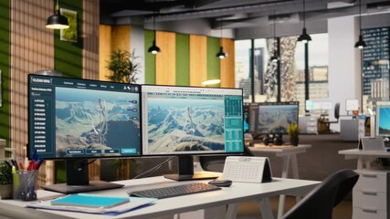 Futuristic vertical wind turbine CAD design used for green energy research in engineering office. Software interface on PC with digital modeling of advanced clean wind VAWT energy generator gear - Powered by Adobe