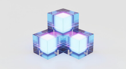Fototapeta premium Glowing futuristic cube floating on white background with holographic neon light, digital reflections, and minimal abstract design for modern technology visuals