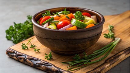 Bowl of fresh salad on a wooden cutting board with herbs. Perfect for food blogs, healthy lifestyle articles, and cookbooks.