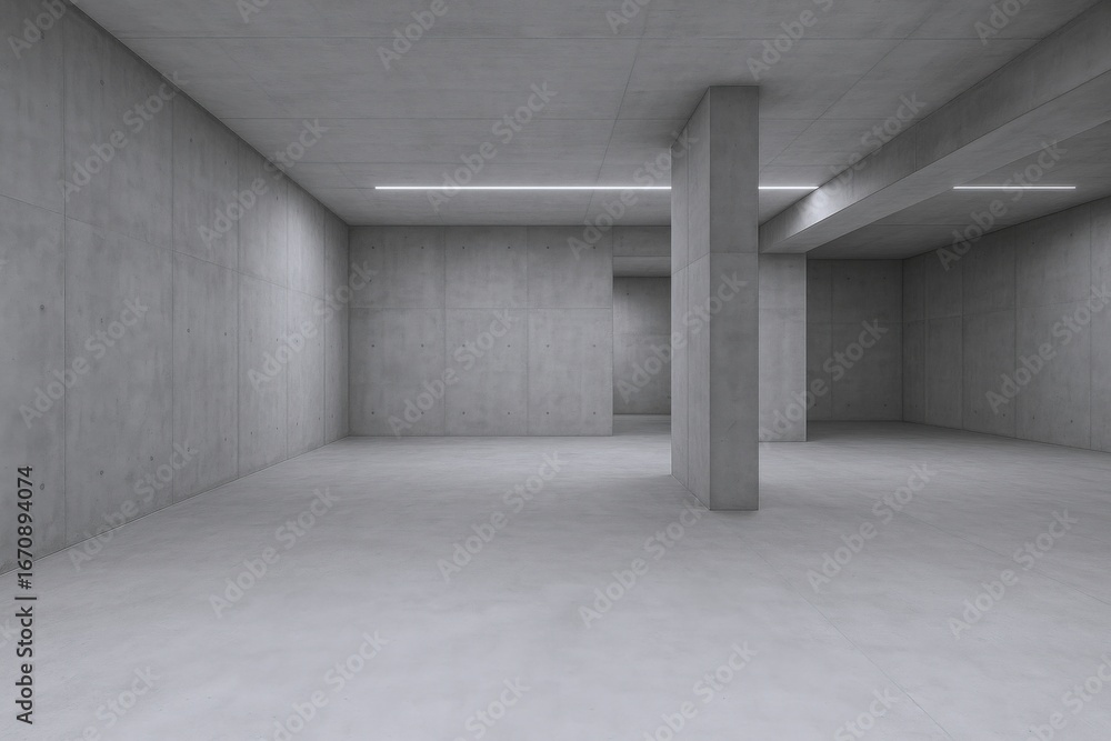 Poster minimalist concrete interior with column and subtle lighting, ideal for architectural visualization 
