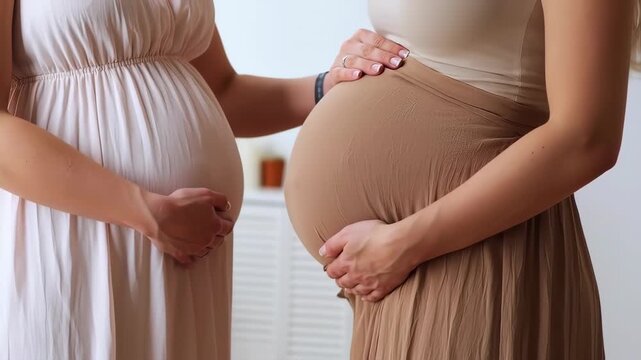 Two pregnant women, close-up view of their pregnant bellies and hands gently resting on their abdomens, wearing flowing light-colored dresses