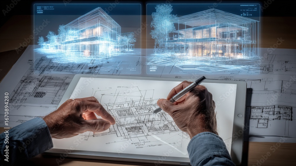 Aufkleber architectural design and visualization: hands drafting blueprints with 3d house models on transparen