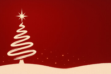 A modern and minimalist illustration of a Christmas tree created with brush-style strokes on a deep red background. The tree is topped with a glowing star and surrounded by a soft snowy landscape