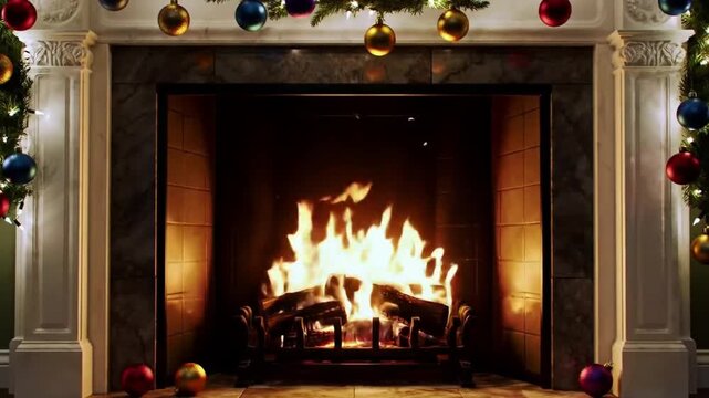 Festive holiday scene featuring a warm fireplace with burning logs and Christmas decorations hanging on the mantel