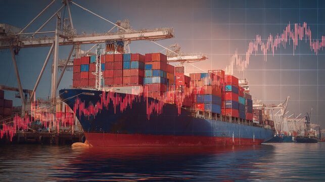 Global Trade Decline: Container Ship at Port with Downward Trending Stock Chart Overlay, Indicating Economic Downturn