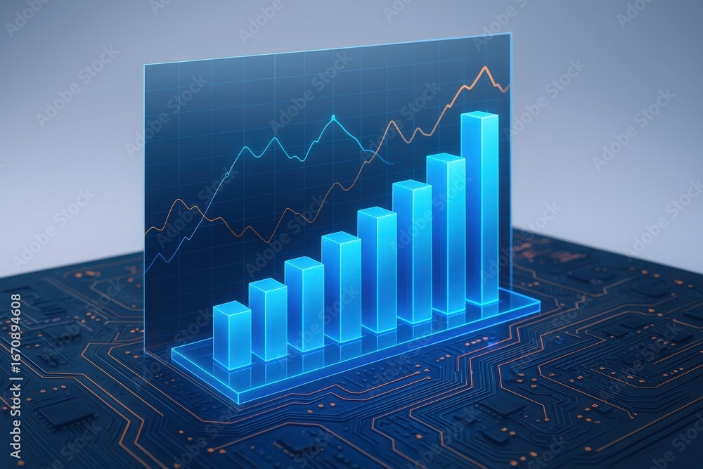Poster growing business graph on a circuit board: financial technology and data visualization concept