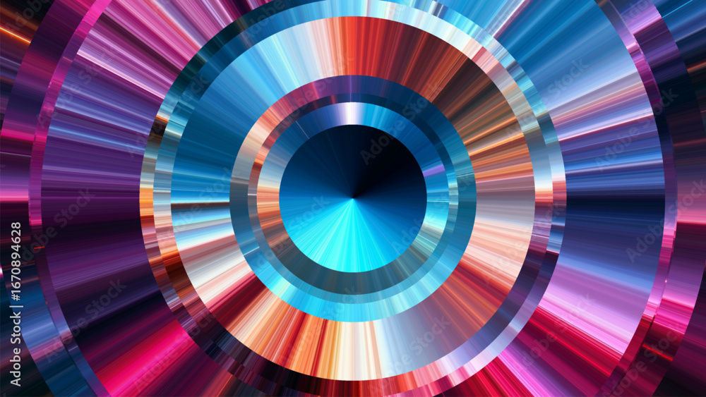 Poster futuristic polar coordinates artwork with concentric metallic layers and chrome reflections in vivid