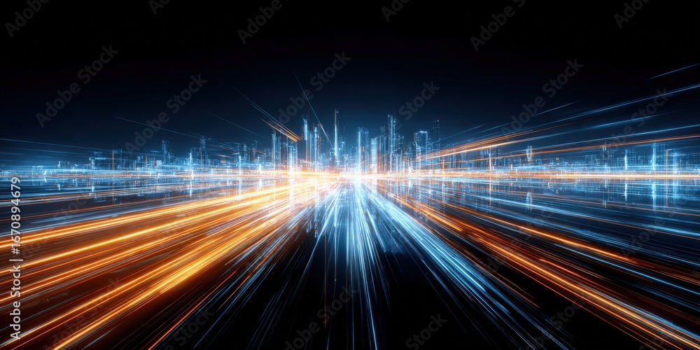 Poster abstract digital cityscape with light streaks representing high-speed data transfer and futuristic u
