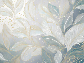 Patterned light textured floral wallpaper with white leaves and golden dots