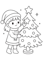 coloring book girl placing ornament on Christmas tree