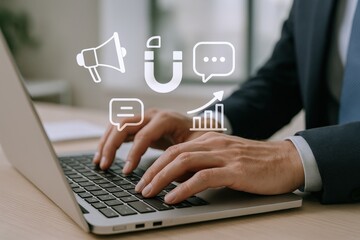 Digital Marketing Specialist Typing on Laptop with Influencer Icons for Social Media Campaigns