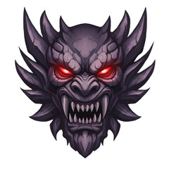 Menacing dark purple dragon head with glowing red eyes and sharp fangs.