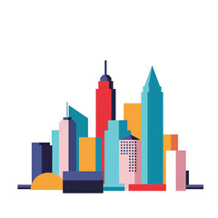 Obraz premium Stylized city skyline with colorful geometric skyscrapers and buildings.