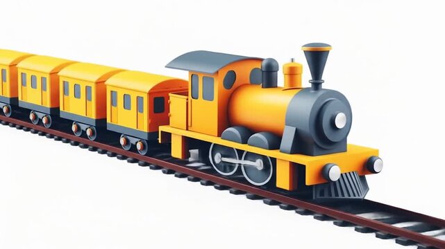Animated Yellow Train with Carriages on Railroad Tracks, Isolated on White