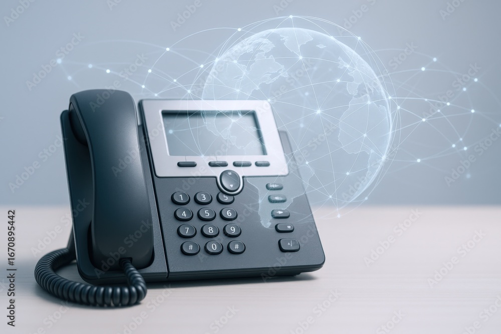 Poster modern ip phone on desk displaying global network connection for business communication