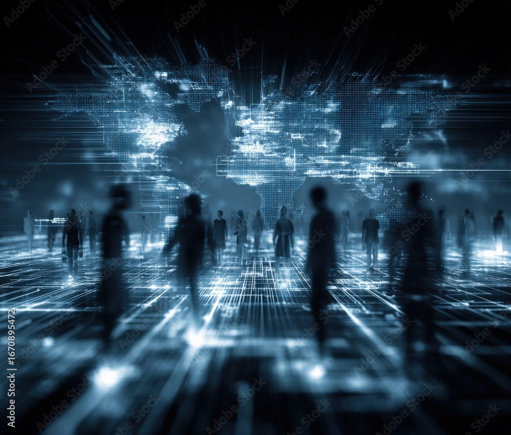 Poster digital world: abstract representation of a connected world with people silhouettes and data streams