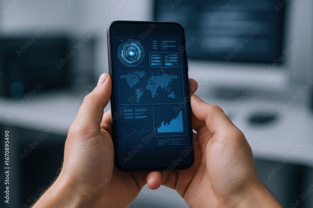 Poster mobile technology interface: person holding smartphone displaying data visualization and futuristic 