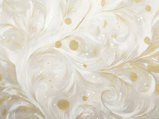 Textured white and gold wallpaper featuring a swirling leaf pattern, light brush strokes and gold dots