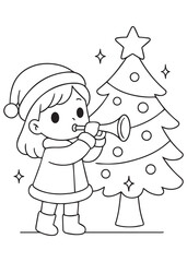 coloring book girl blowing party horn near Christmas tree