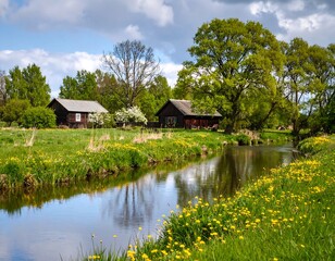Obraz premium Rural landscape with stream and cottages