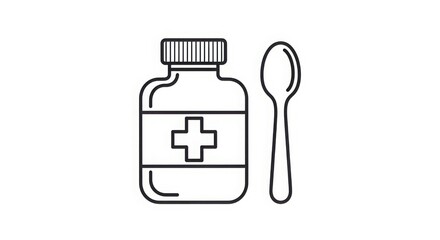A simple line drawing of a medicine bottle with a cross and a spoon next to it on a plain white background