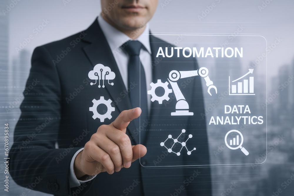 Poster businessman pointing to automation and data analytics interface in the digital transformation era