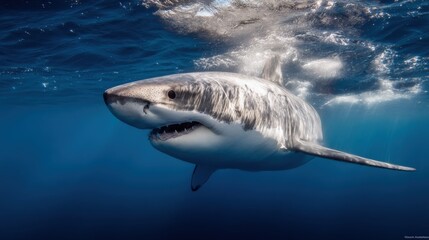 Naklejka premium Majestic Great White Shark Swimming Gracefully Beneath the Ocean Surface with Open Mouth Showing Teeth