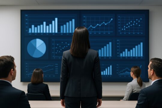 Business Presentation with Charts: A Diverse Team Analyzing Data and Strategic Growth in Conference Room