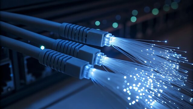 Fiber optic cables glowing, connected to server hardware. Suitable for technology, network, communication concepts in designs, presentations, and advertisements.