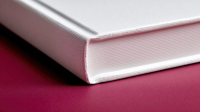 Close-Up of a Modern White Book's Binding and Cover Against a Crimson Background