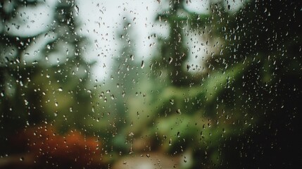 Raindrops on Glass Window with Blurred Greenery Background, Depicting Serenity and Tranquility of a Rainy Day