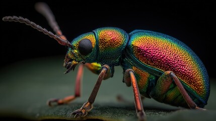 Fototapeta premium Iridescent Beetle Close-Up: Vibrant Insect with Rainbow Colors on a Leaf, Macro Photography
