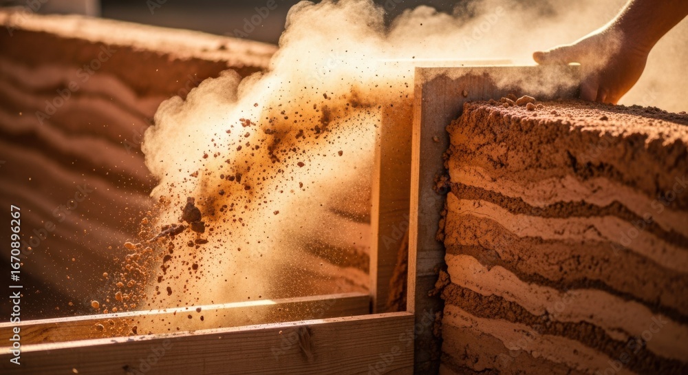 Poster slowmotion shot of dust particles rising as formwork is detached from compacted earth layers highlig