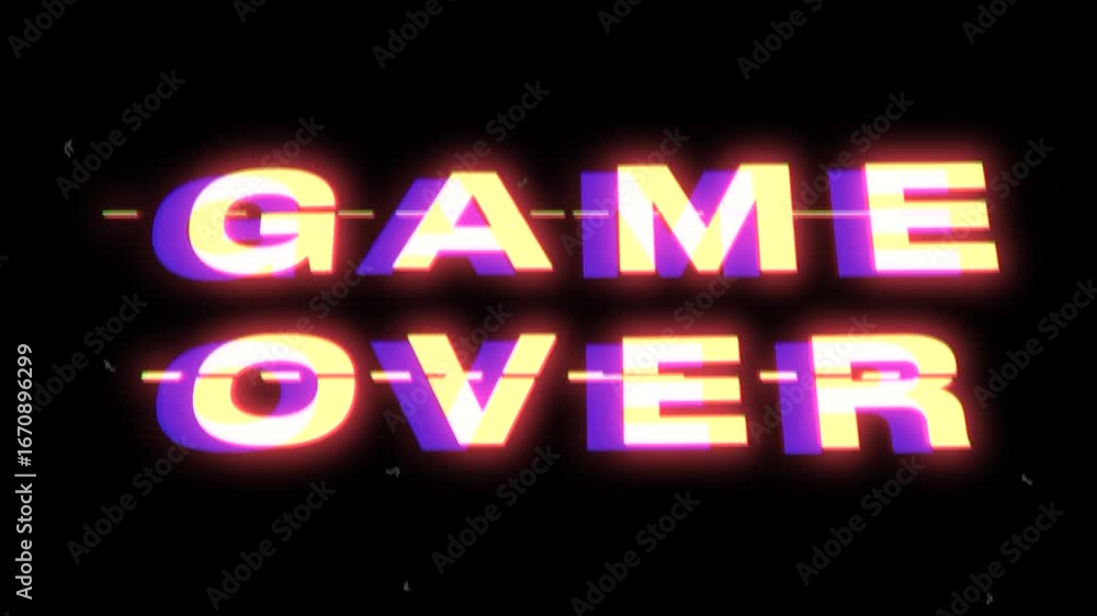 Poster game over text phrase animation with glitches and distortion effects