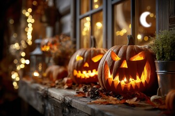Fototapeta premium Illuminated Jack O'Lanterns Displayed on a Rustic Window Ledge Creating a Spooky Halloween Night Ambiance