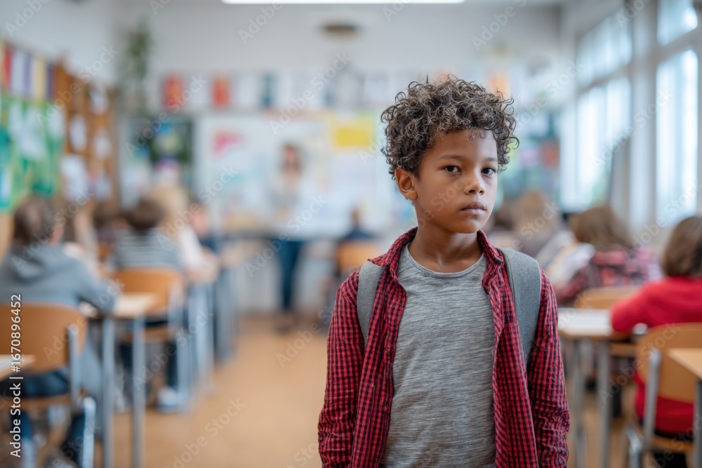 Poster serious young student standing in classroom with blurred background of classmates and learning envir