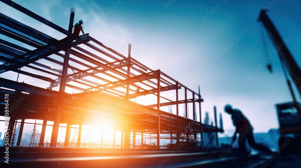 Poster construction site at sunset with steel framework and construction workers creating a new building