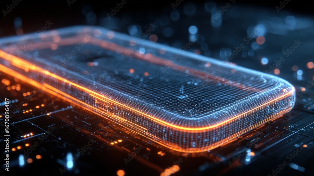 Poster futuristic mobile device interface with glowing edges and complex network connections illustrating a