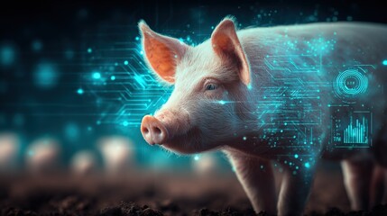 Pig Augmented with Digital Interface Overlay, Modern Farming Technology Concept, Future of Agriculture and Livestock